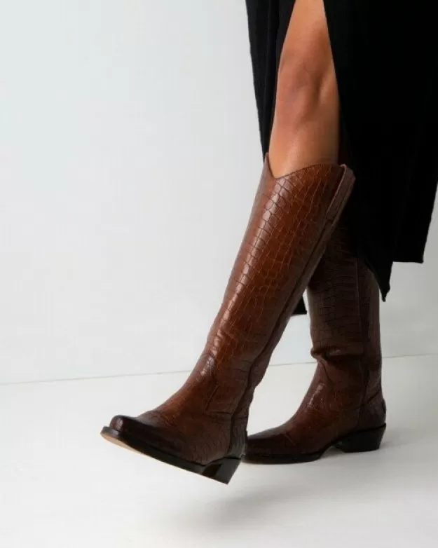 Shabbies Amsterdam Cowboy boots*Boot croco printed leather cognac